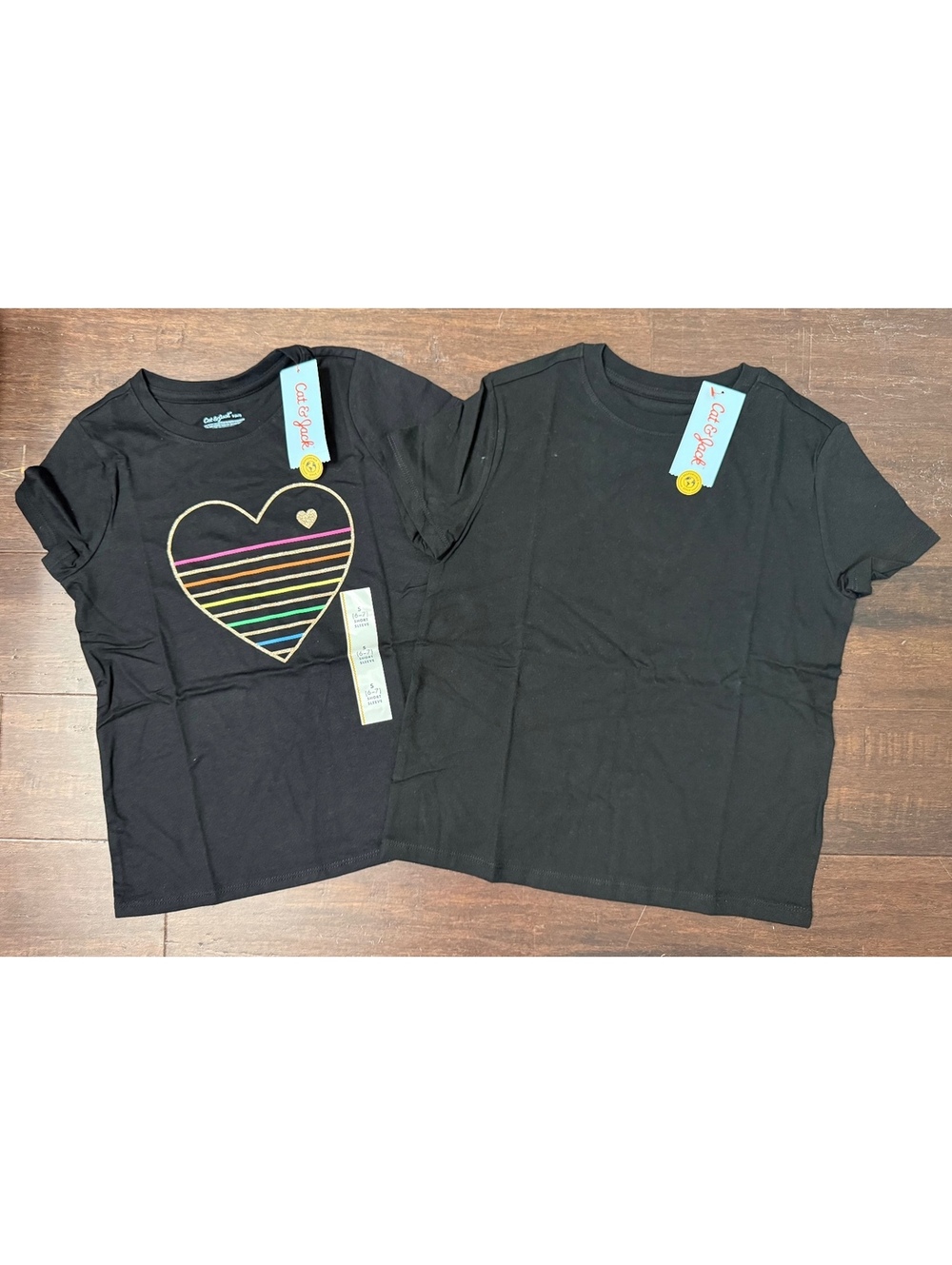 New Cat & Jack Girls' 2-Pack Black Short Sleeve T-Shirts, Size S (6/7)